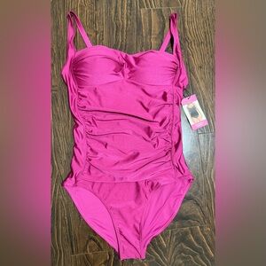 NEW Betsey Johnson Women Hot Pink Ruched One-Piece Fuchsia Bandeau Swimsuit M